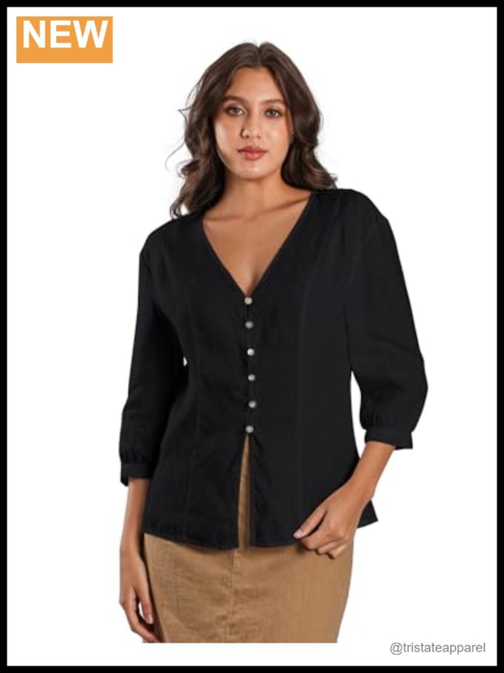100% Linen V-Neck 3/4 Sleeve Relaxed Button Down Blouse